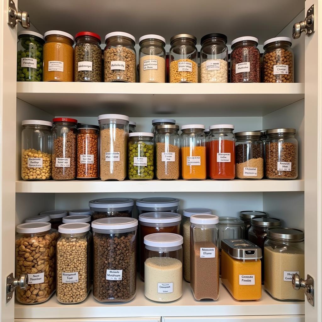 Stocked pantry with vegan emergency food supplies.