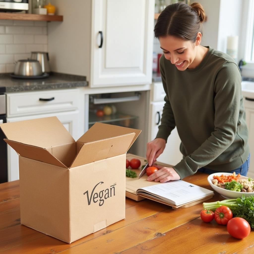 A person is preparing a meal using ingredients from a vegan food subscription box.