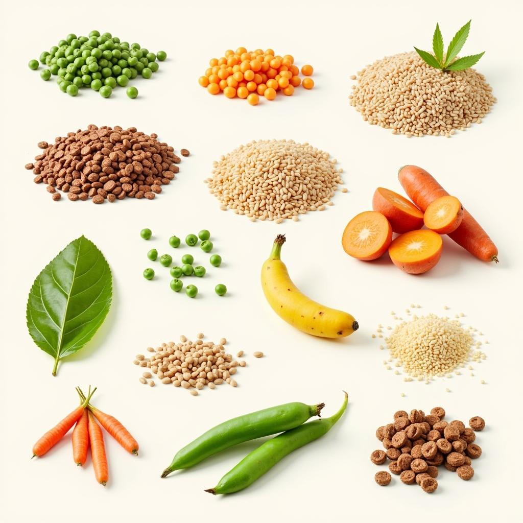 A close-up of various ingredients used in vegetarian dog food, including grains, vegetables, and plant-based protein sources.