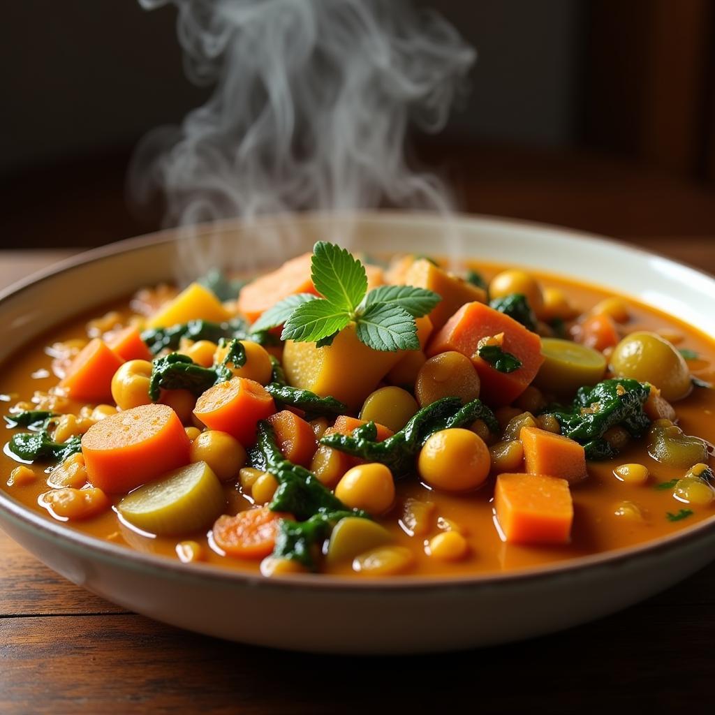 A bowl of vibrant vegetarian curry made with Grace Foods coconut milk and spices.