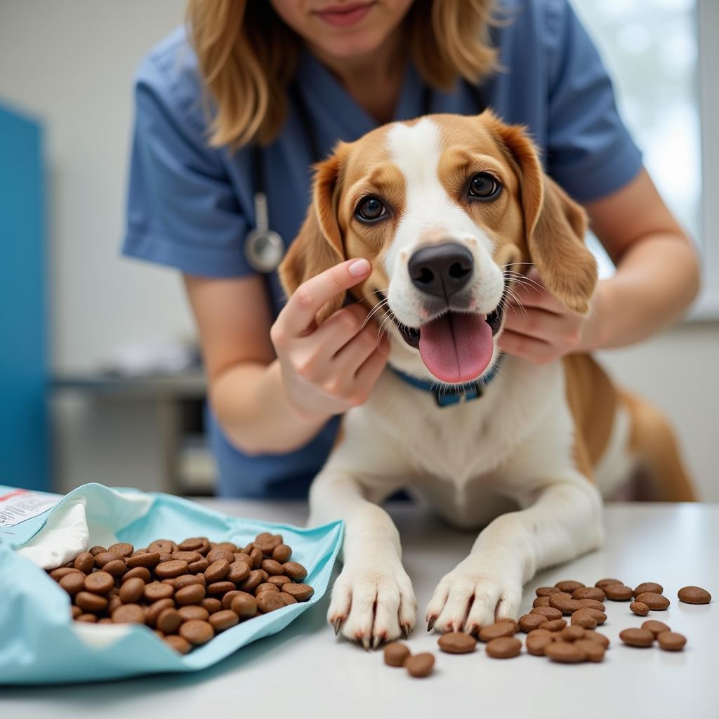 Veterinarian examining a dog experiencing symptoms potentially related to its diet.