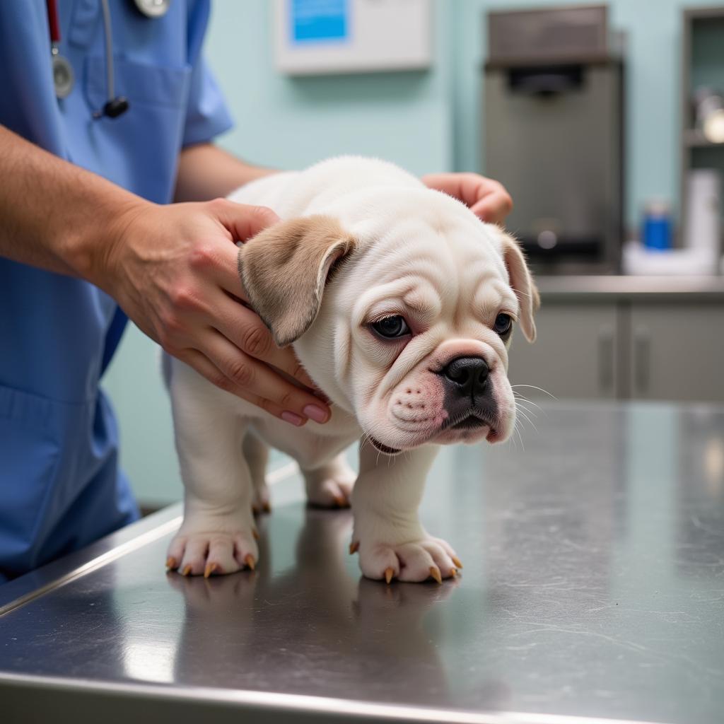 Veterinarian examining an English Bulldog puppy