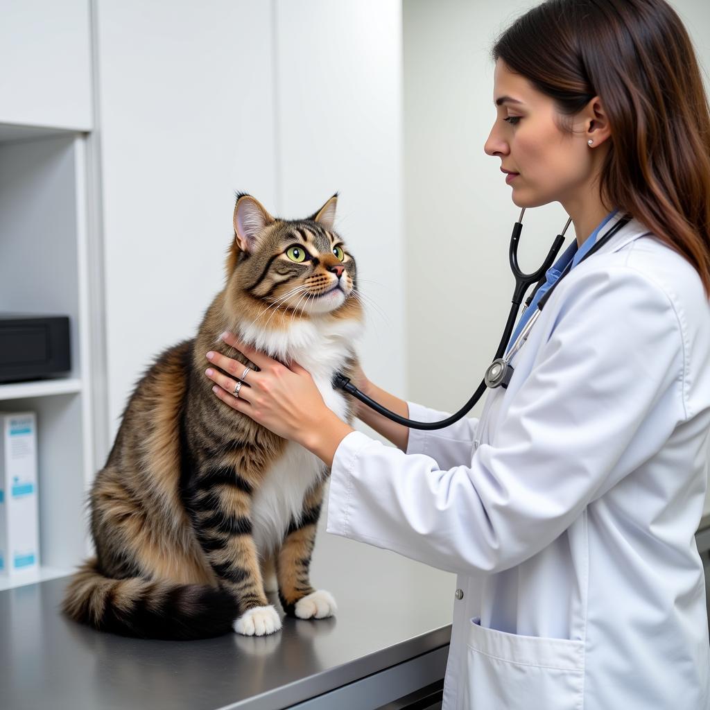 A veterinarian examining a large cat during a checkup