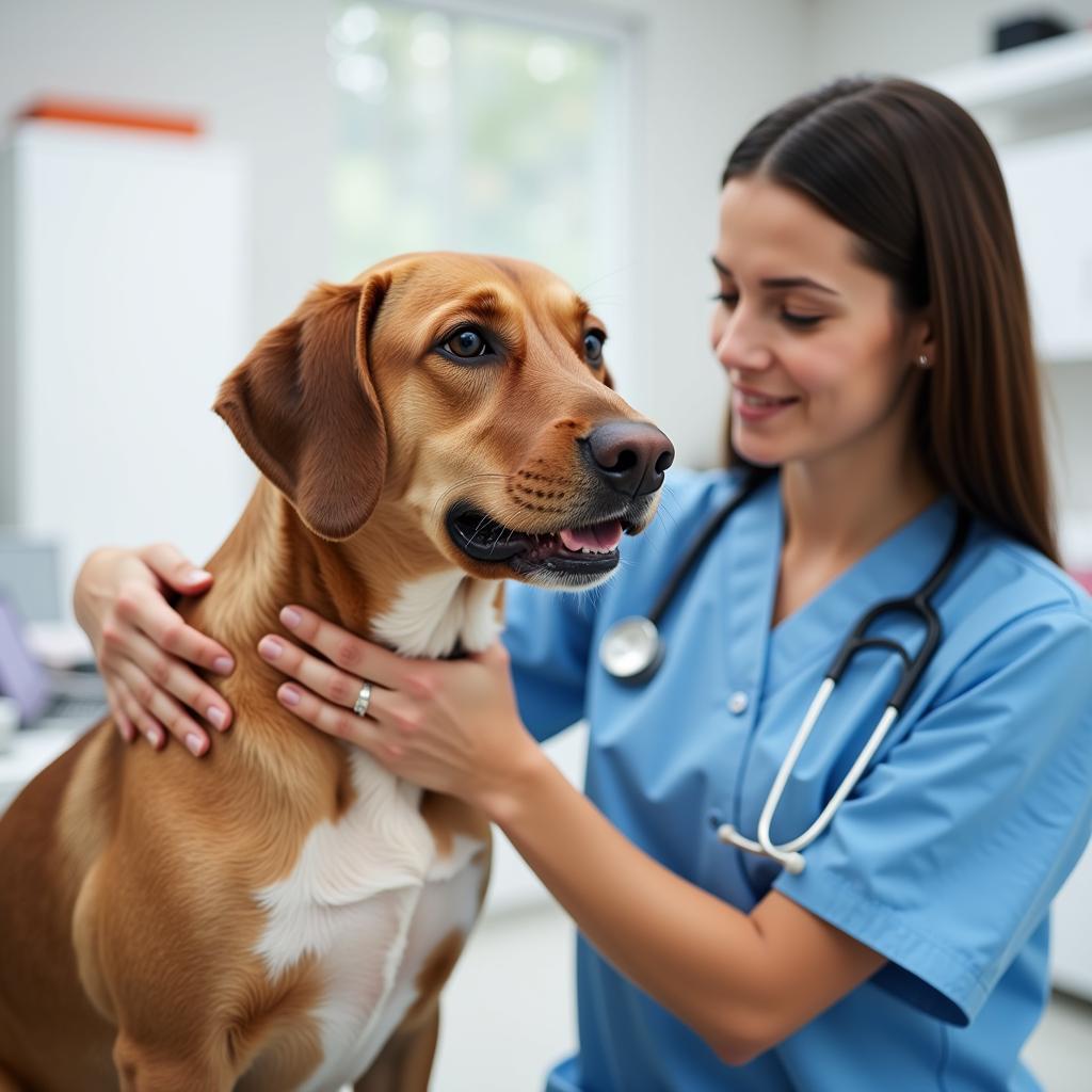 A veterinarian examines a dog for food allergies.