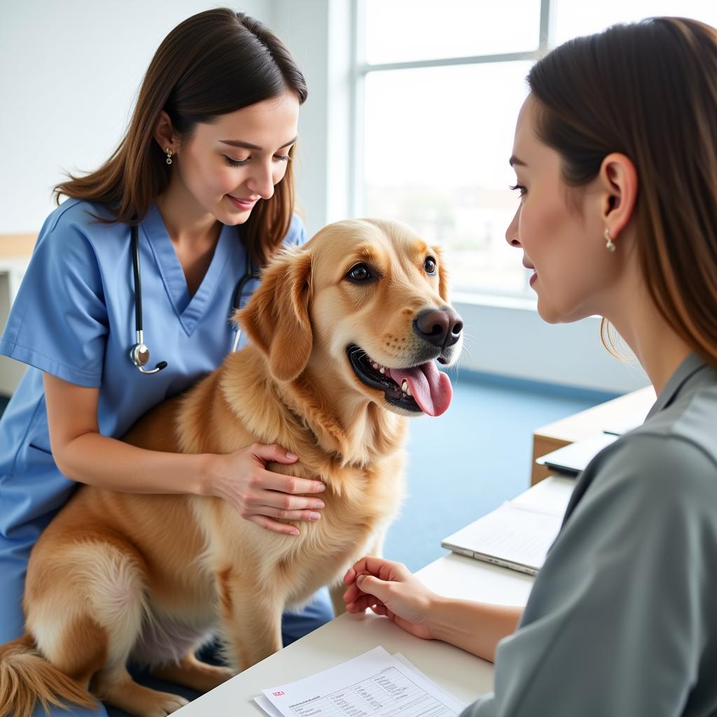 Veterinarian examining a dog and discussing food intolerance testing