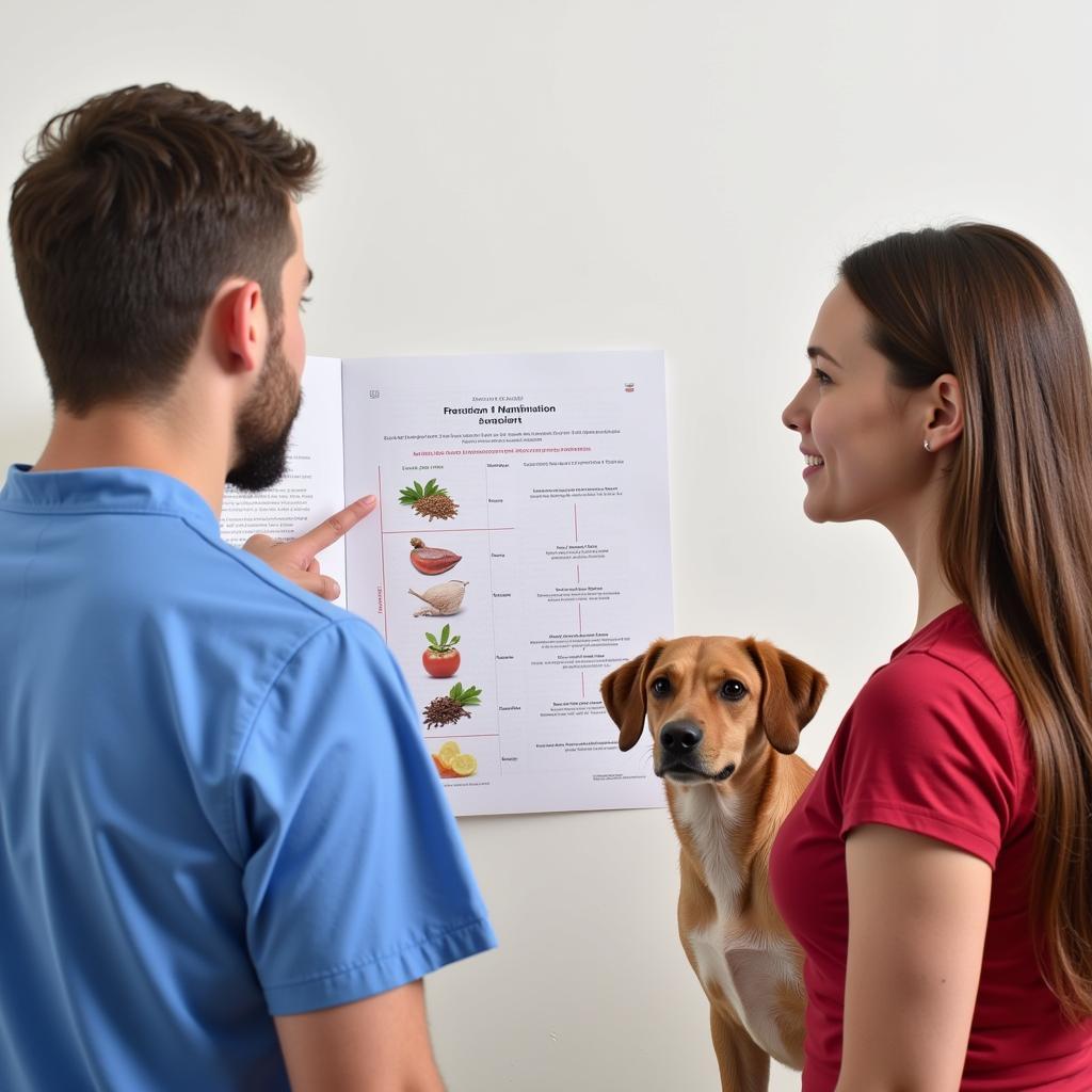 A veterinarian pointing to a nutrition chart while examining a dog