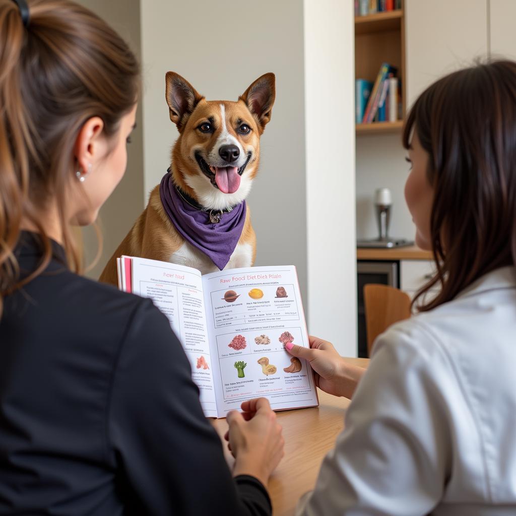 A veterinary nutritionist discussing a raw food diet plan with a dog owner.