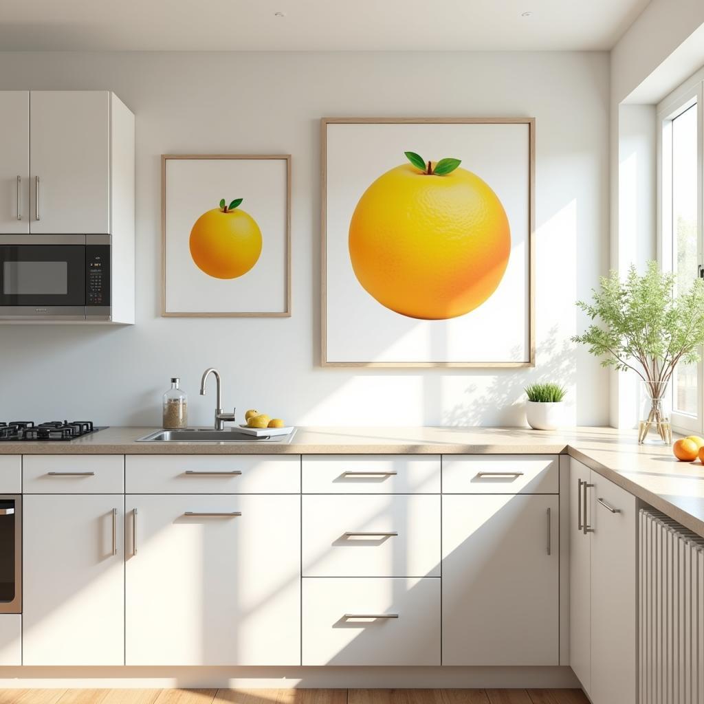 Vibrant citrus fruit prints add a pop of color to a modern white kitchen