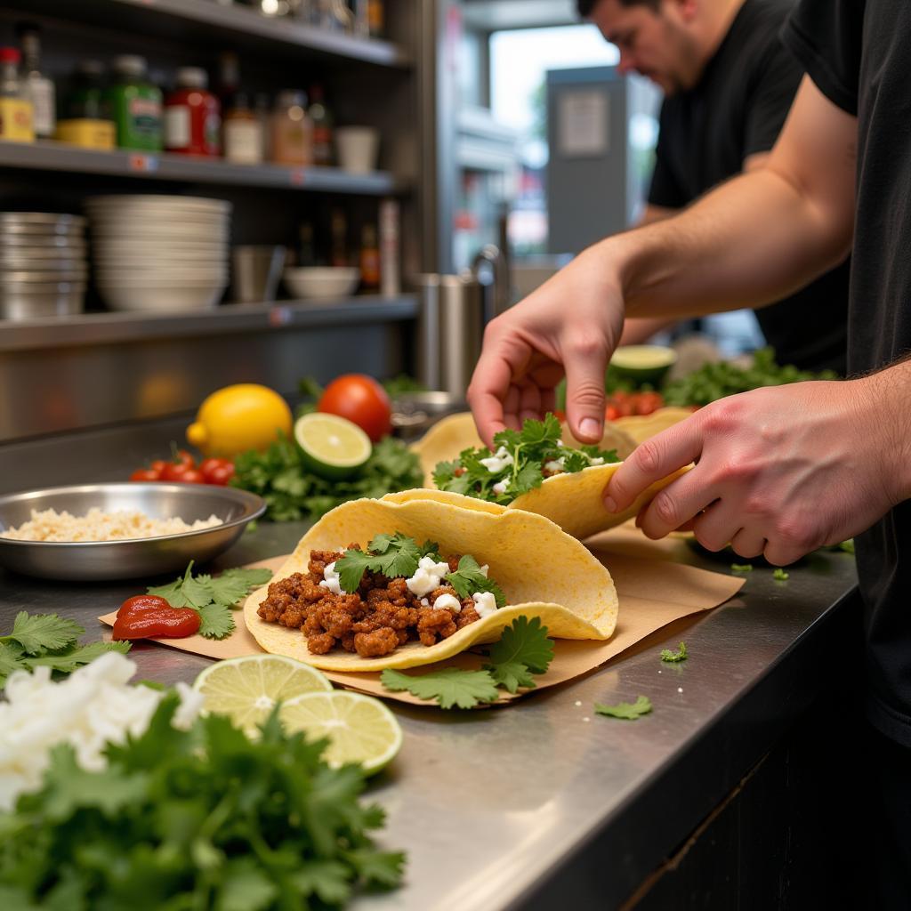 Close-up of delicious tacos being prepared in a Victoria food truck.