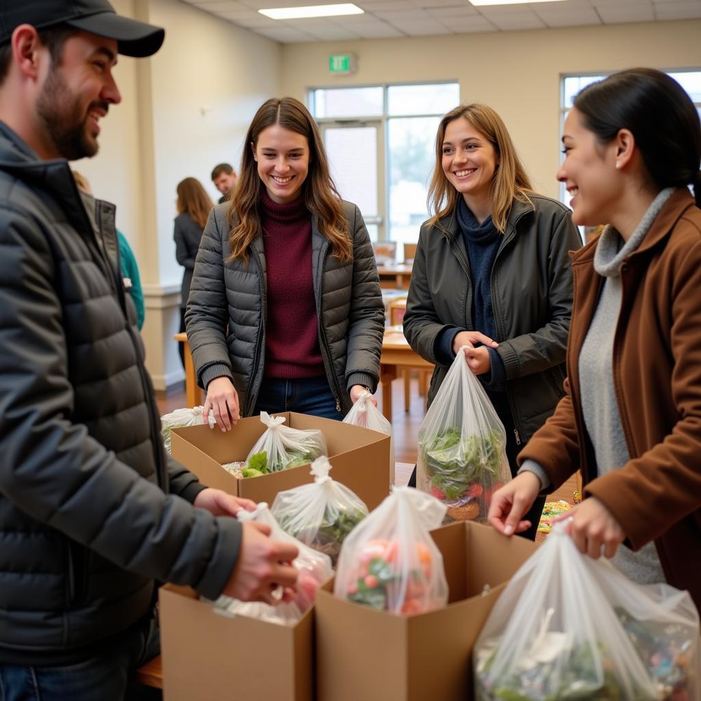 Volunteers distributing food at a village church food pantry