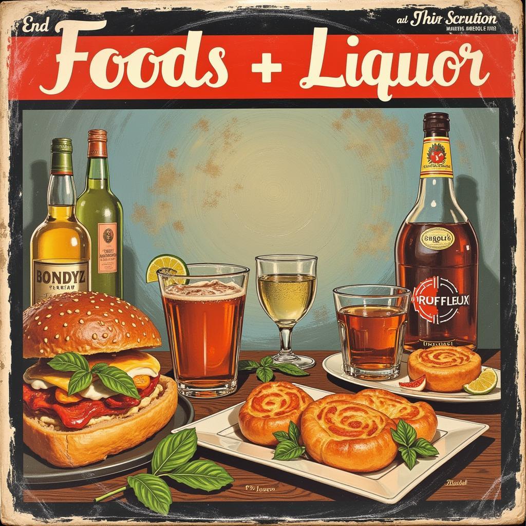 A close-up of a vintage vinyl record with a food and liquor theme.