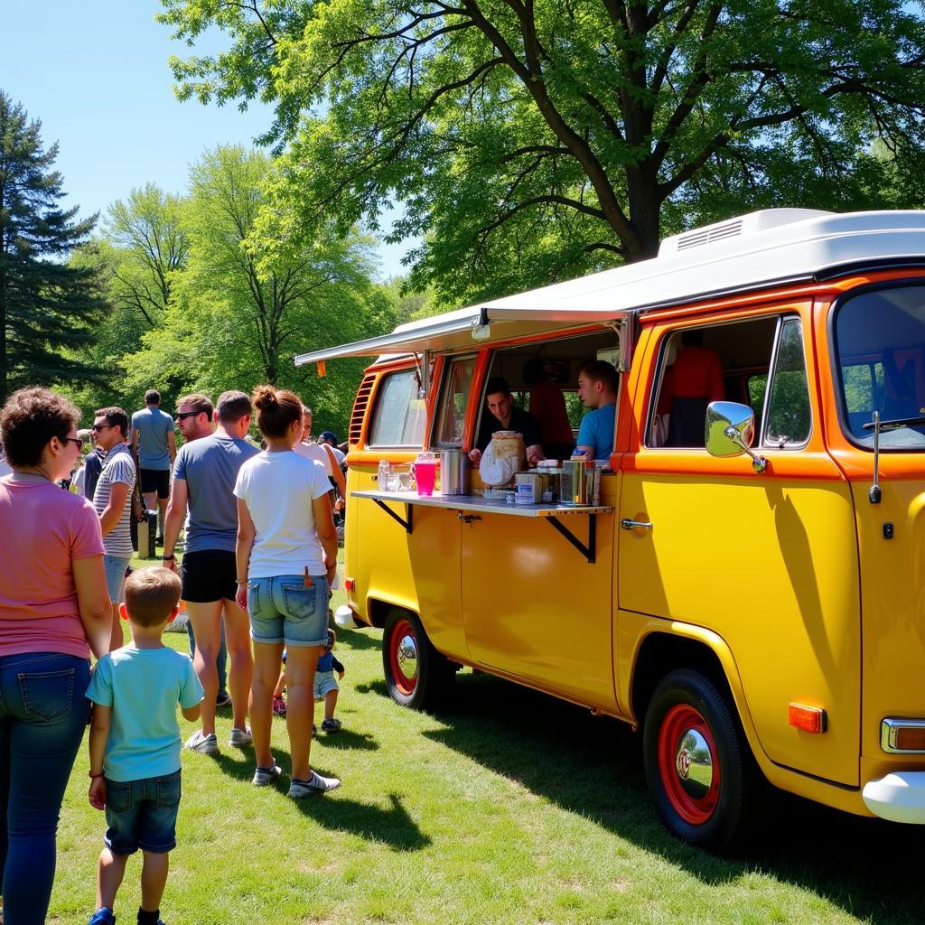 A VW bus food truck serving happy customers.