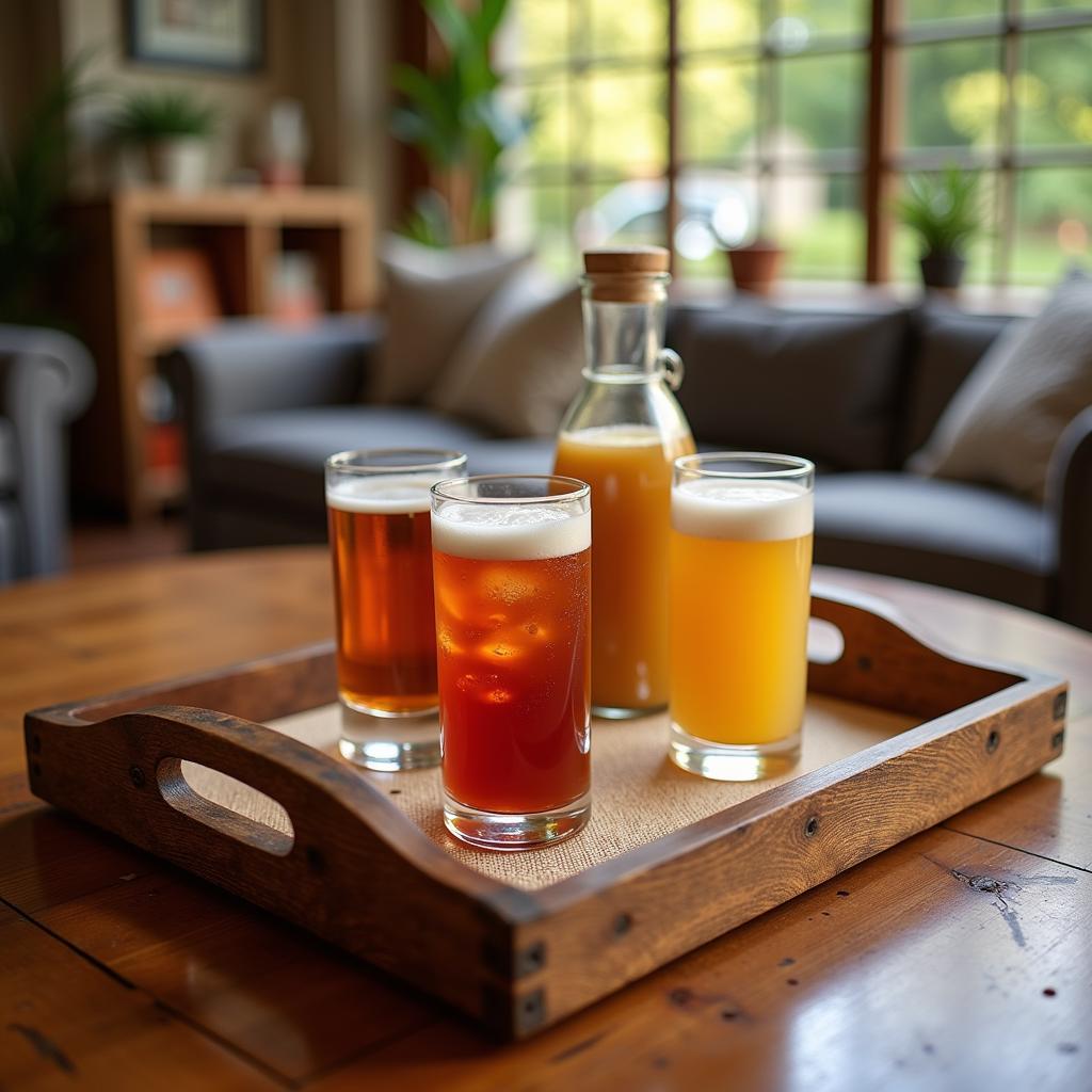 A vintage wooden food tray with glasses and a bottle of wine, styled in a cozy setting.