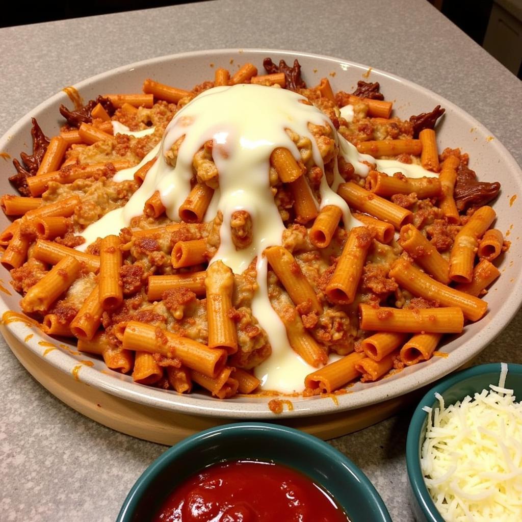 Volcano baked ziti for a dinosaur themed baby shower