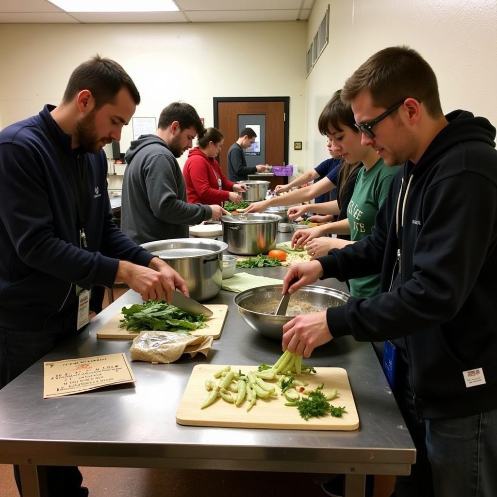 Volunteers preparing vegan meals in a Food Not Bombs kitchen