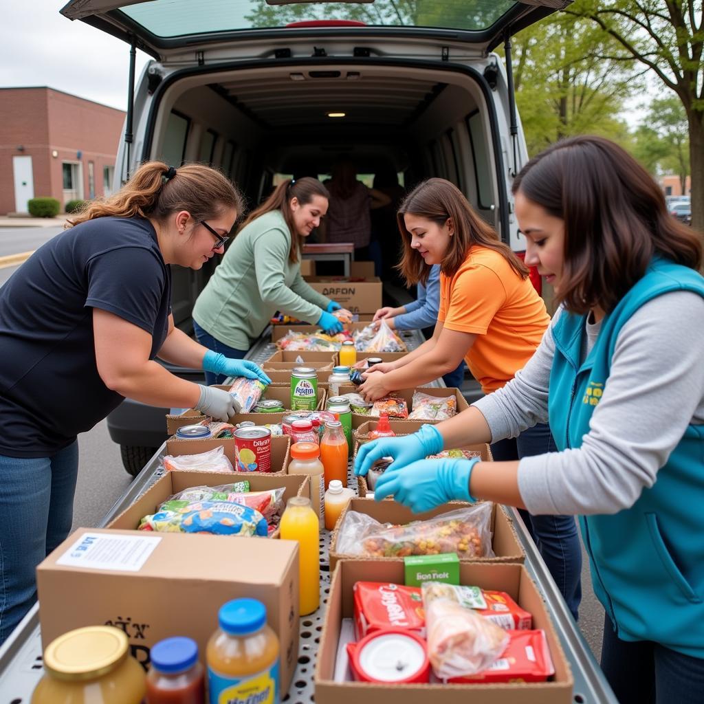 Volunteers sorting food donations for a mobile food pantry.