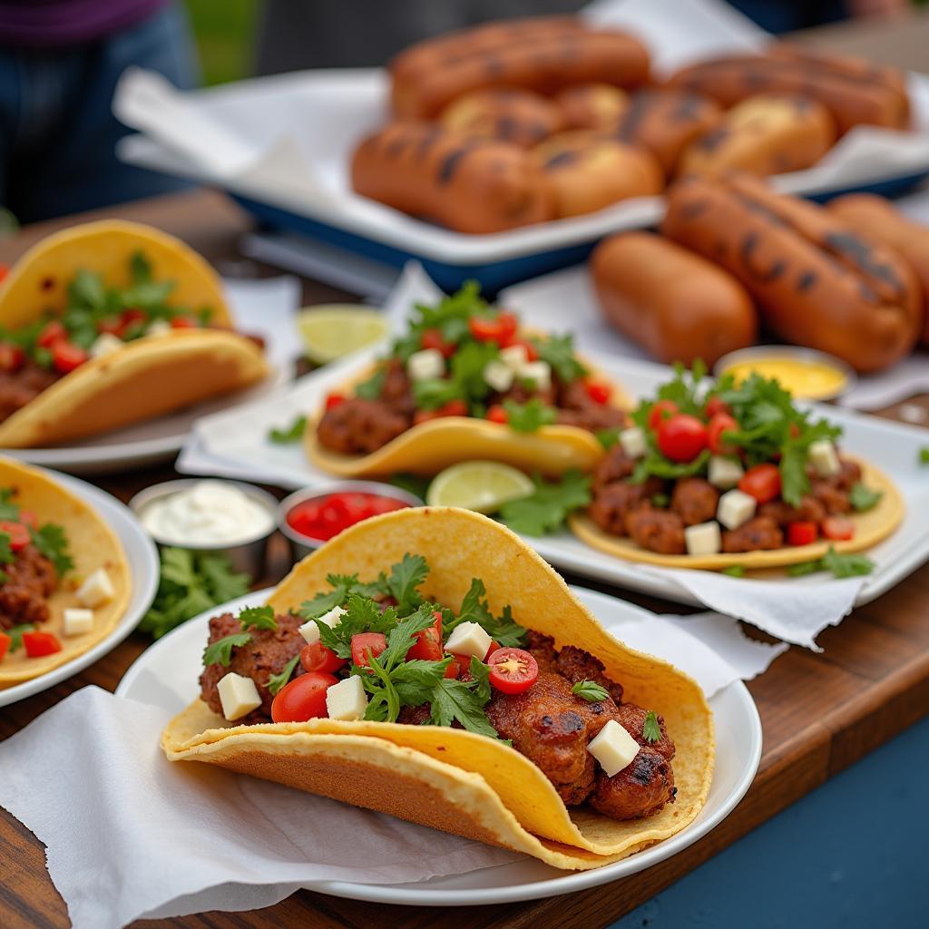 Convenient food choices for spectators at a volleyball tournament: Walking tacos and hot dogs offer quick and easy meals.