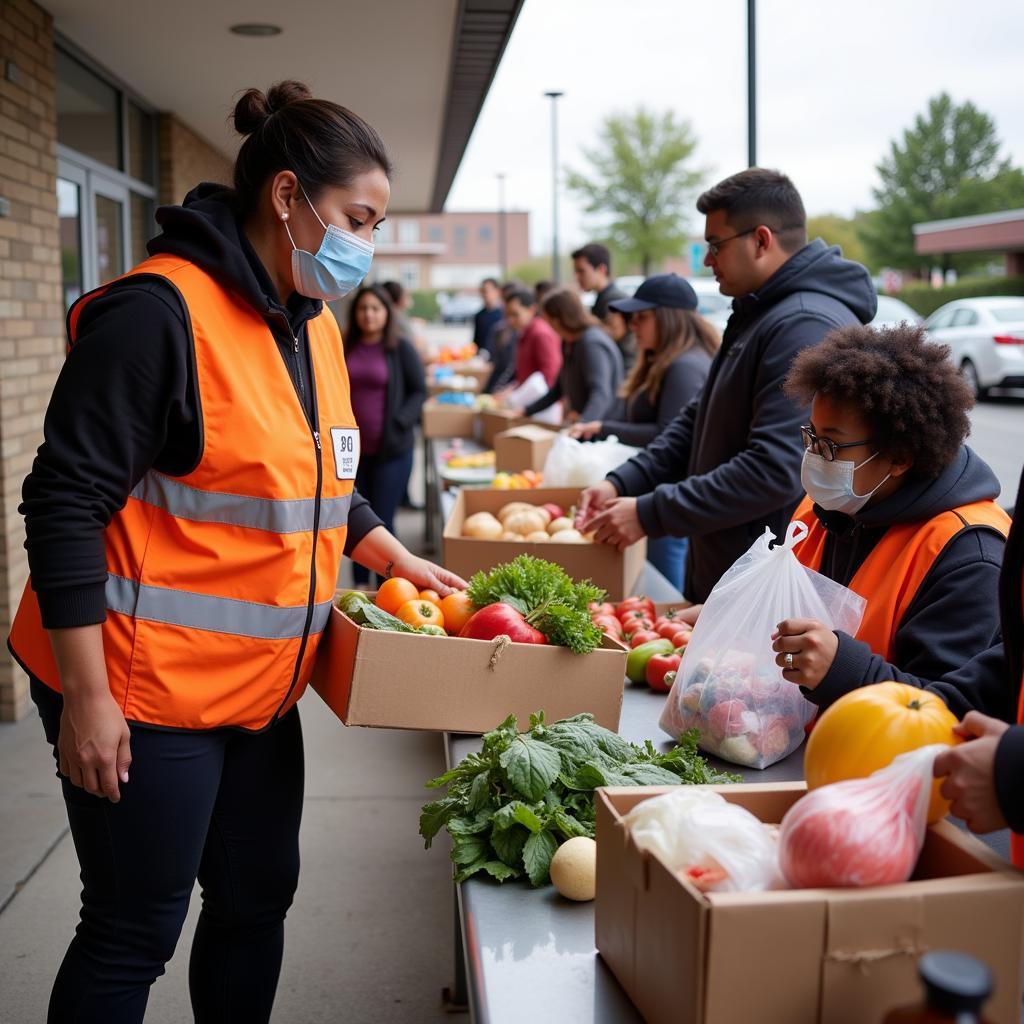 Volunteers distributing food at a Warren Ohio food bank