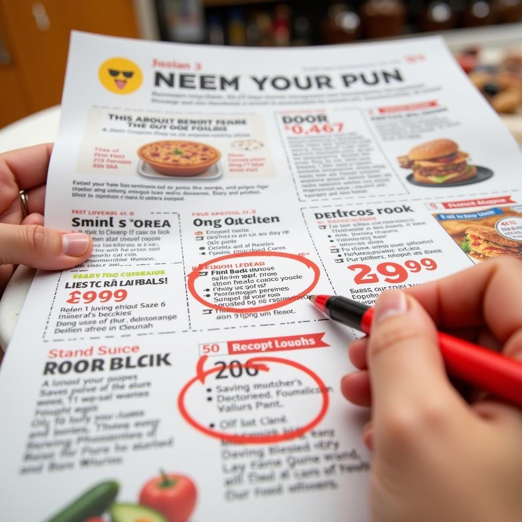 A person holding a weekly circular with highlighted coupons and deals.