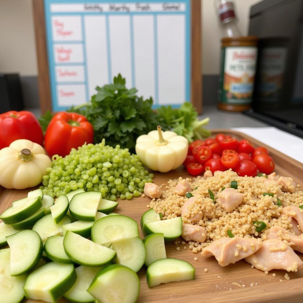 Meal prepping ingredients with a weekly food planner whiteboard in view