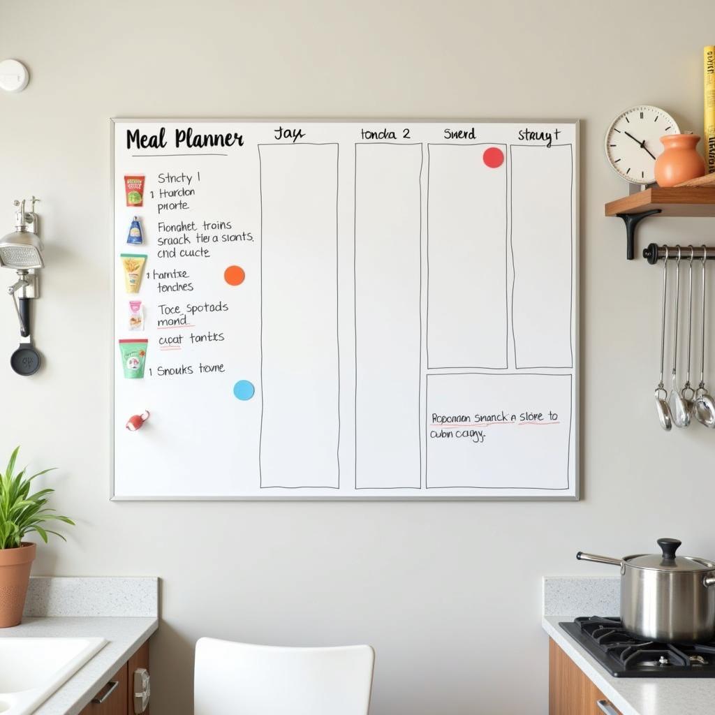 Organized kitchen with a weekly food planner whiteboard