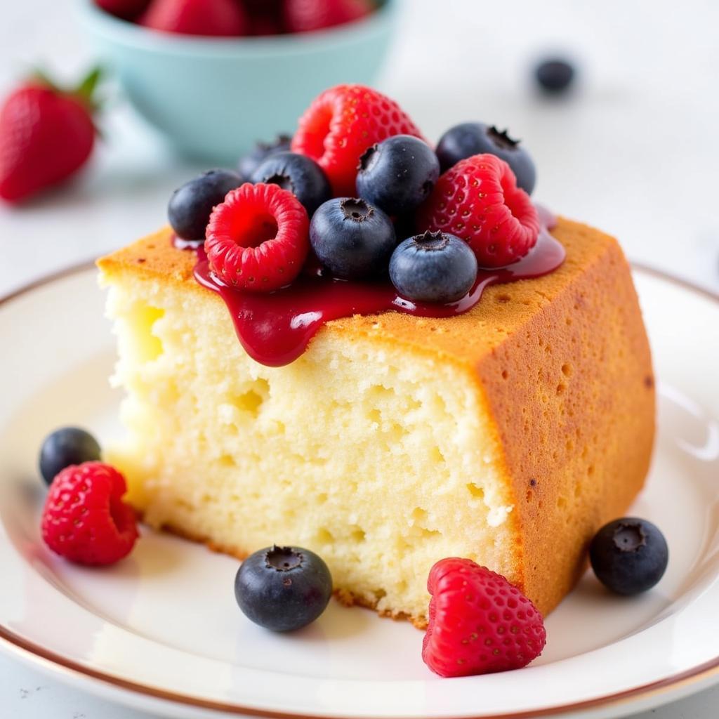 Weight Watchers friendly pineapple angel food cake topped with fresh berries.