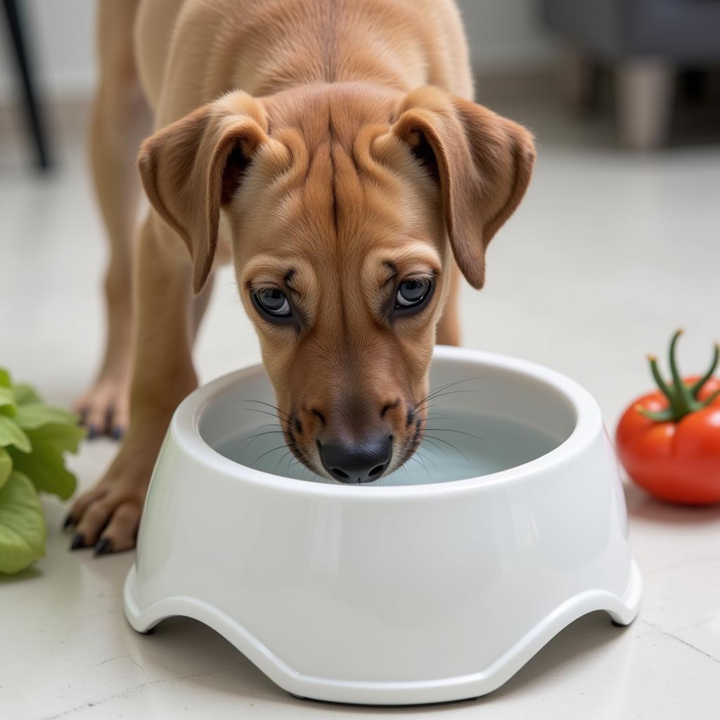 Whippet puppy drinking fresh water from a bowl.