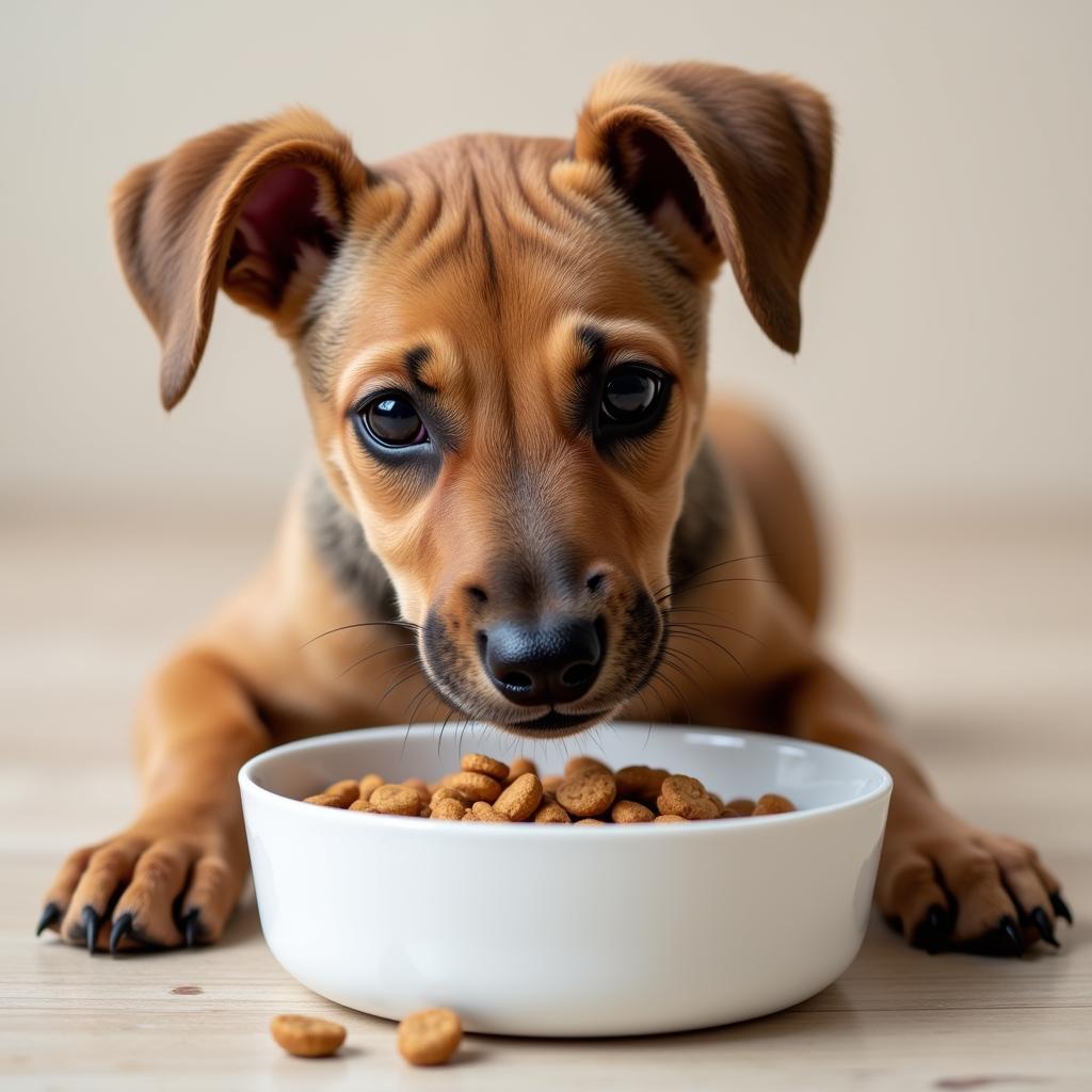 Whippet puppy enjoying a bowl of kibble