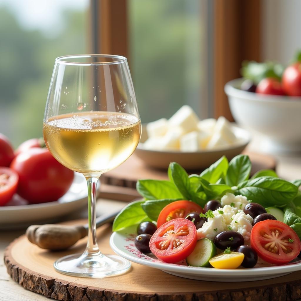 Pairing White Wine with Greek Salad: A Glass of Assyrtiko alongside a Fresh Greek Salad