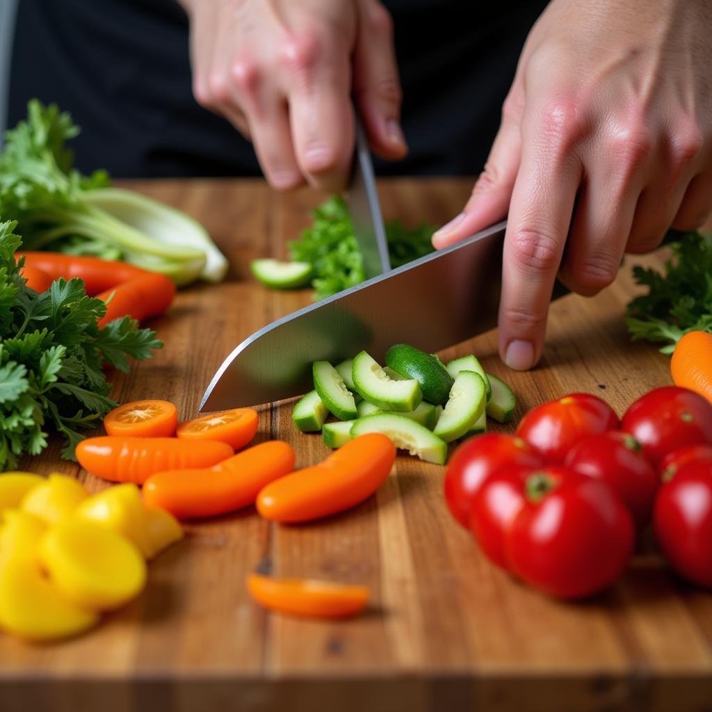 A person skillfully chopping vegetables using proper techniques for whole foods cooking.