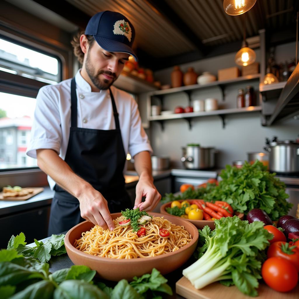 Chef preparing authentic Thai dishes inside a food truck in Maine