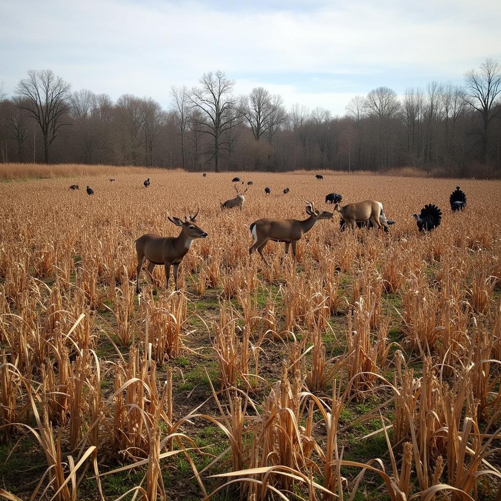 Deer and turkeys foraging in a winter peas food plot