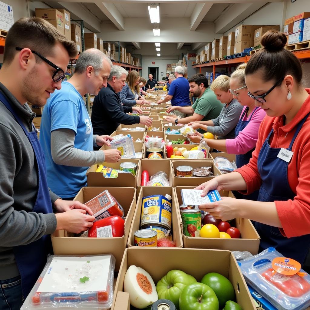 Volunteers sorting food donations at a Williamsport, PA food bank