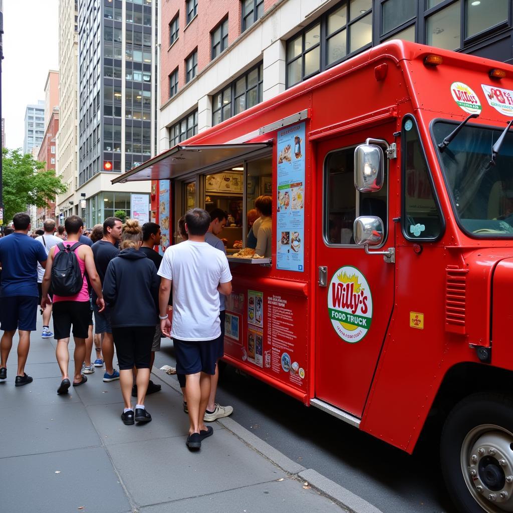 Willy's Food Truck parked on a busy street, serving customers.