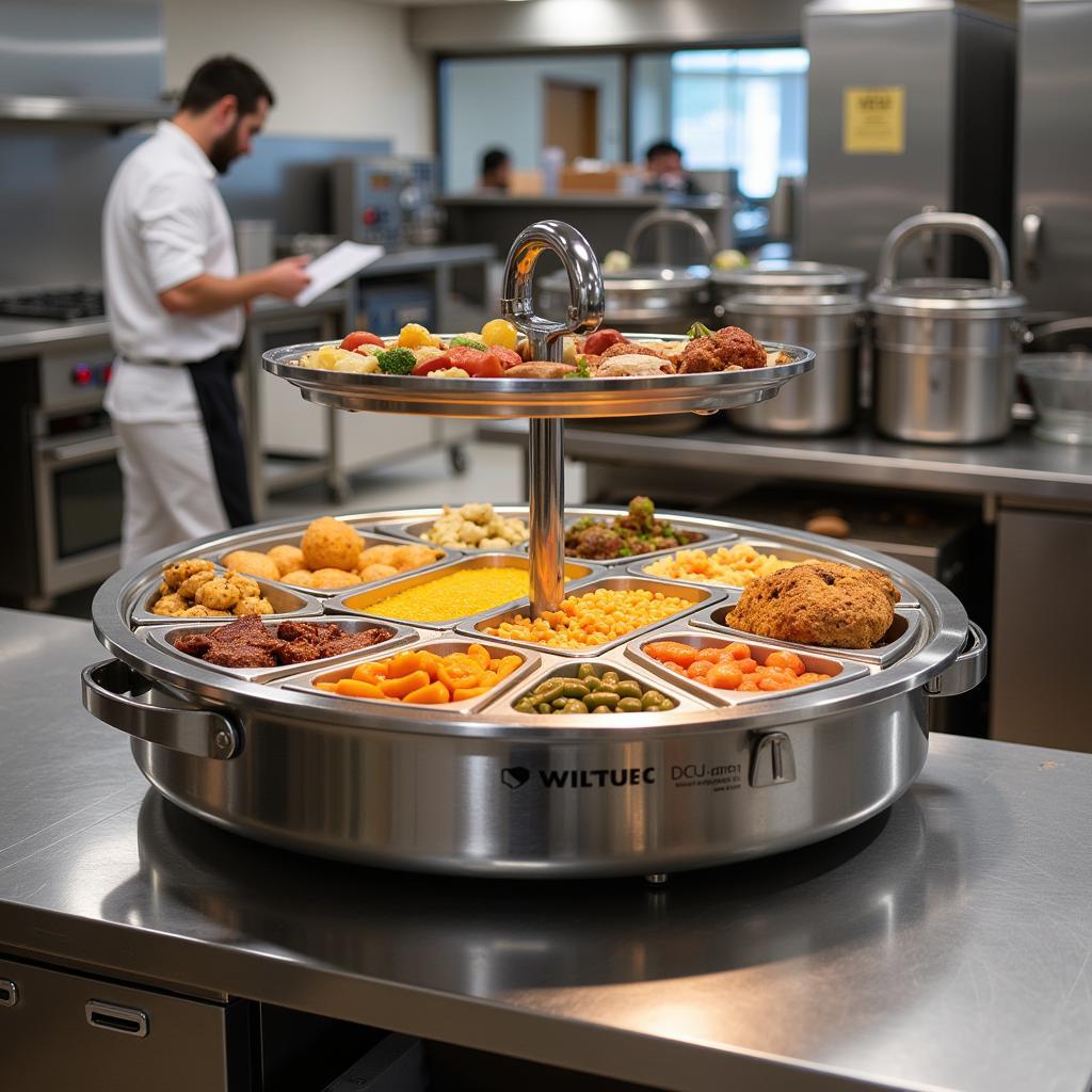 Winco round food warmer in a commercial kitchen