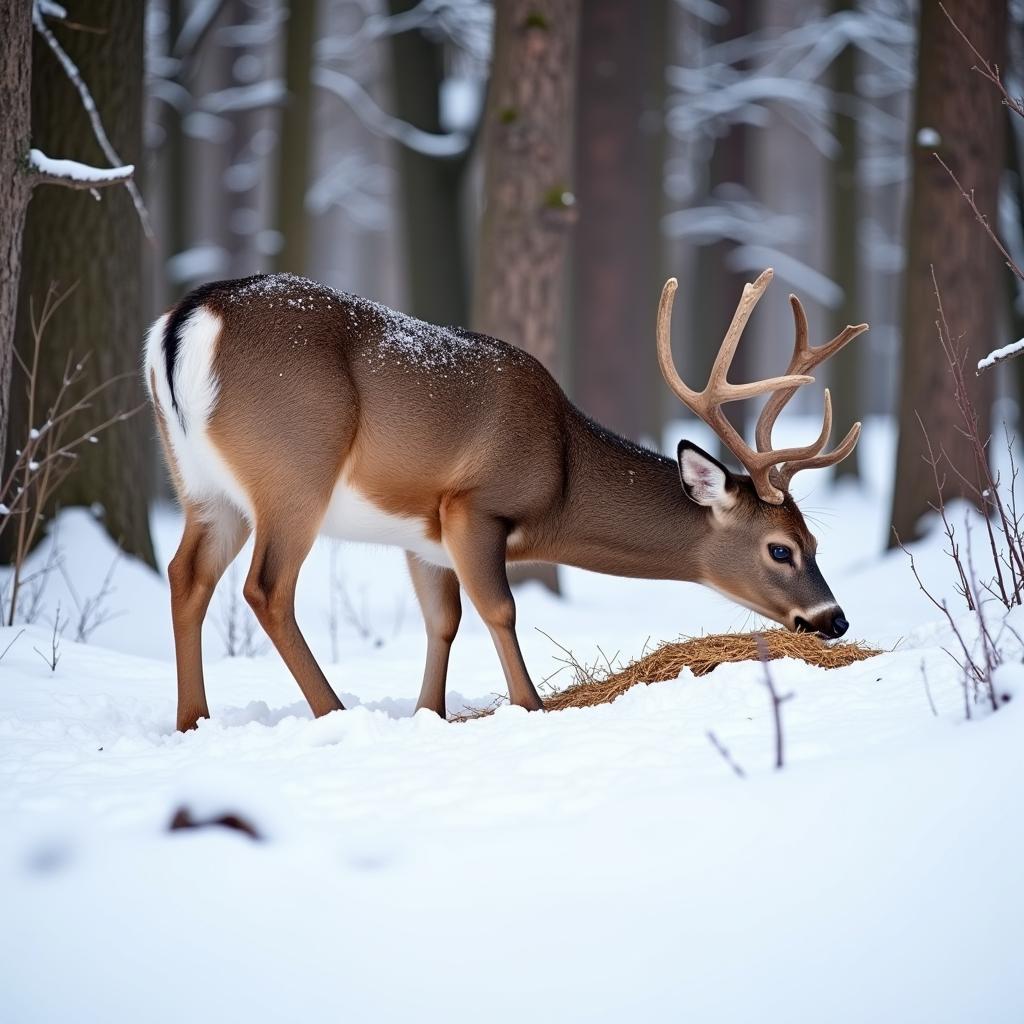 Deer foraging for food in a snowy winter landscape