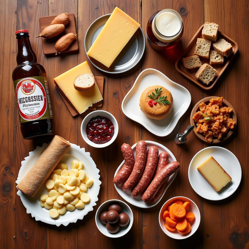 Assortment of Wisconsin Food Gifts Including Cheese, Sausage, and Chocolates