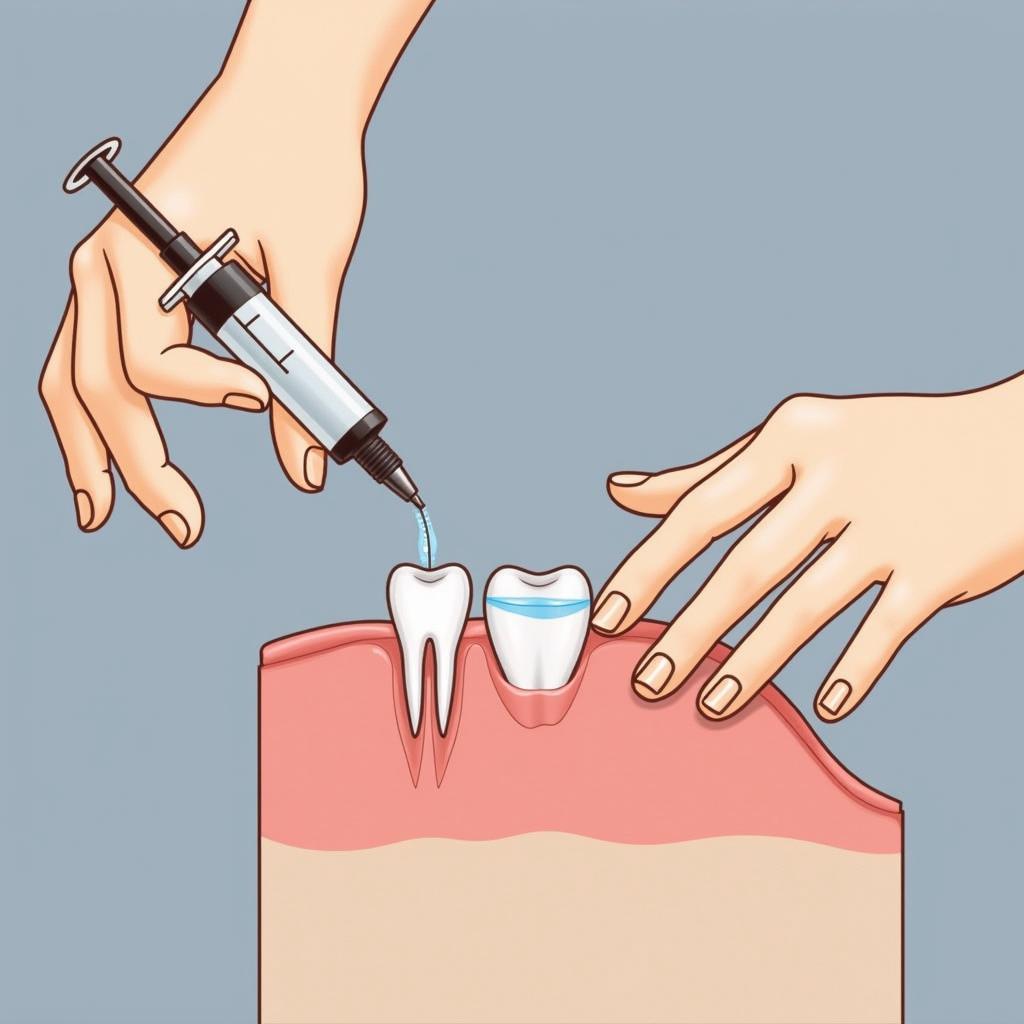 Using a syringe to remove food from a wisdom tooth hole