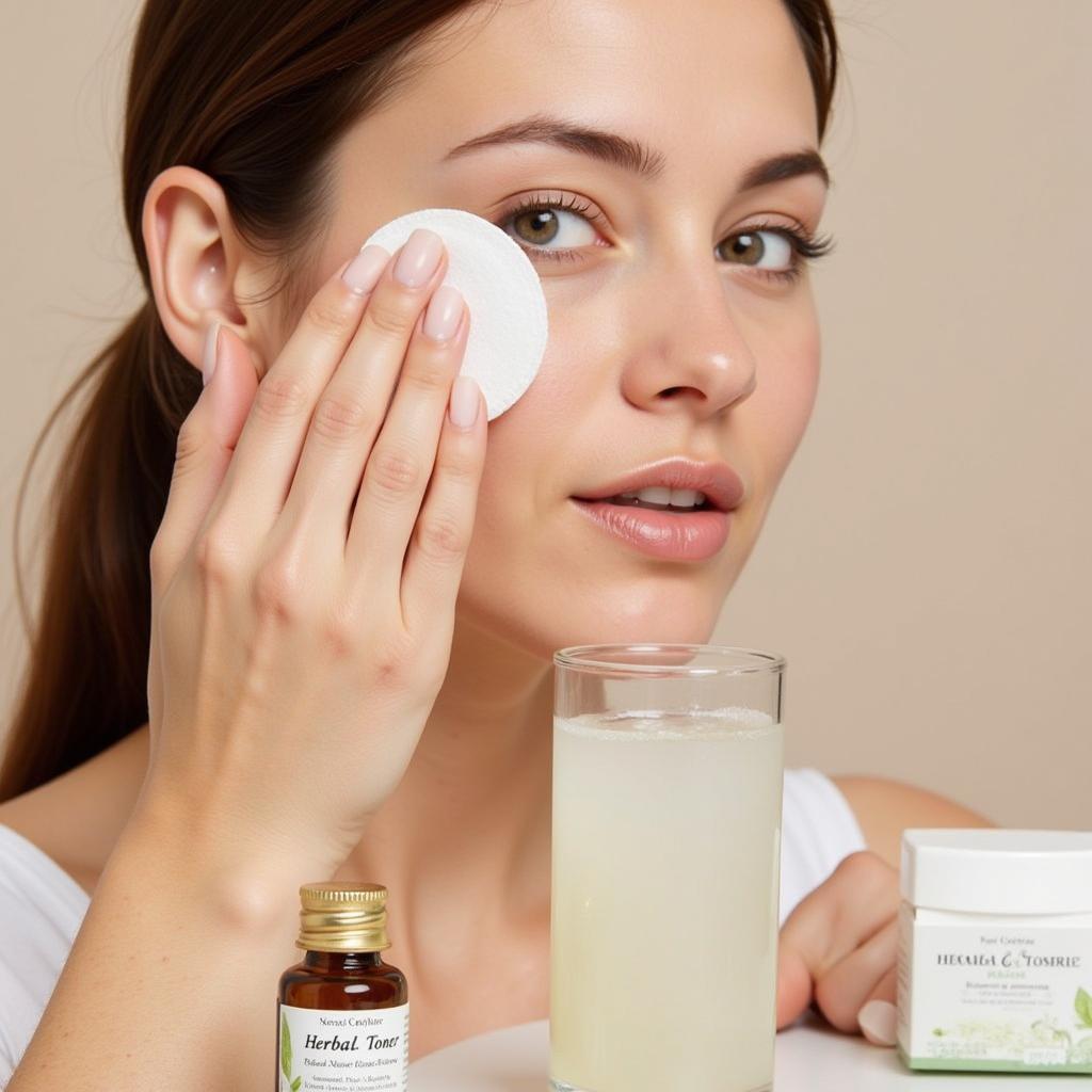 Woman Applying Herbal Toner to Her Face