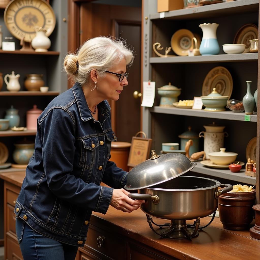 A woman carefully examines a vintage food warmer in an antique shop.