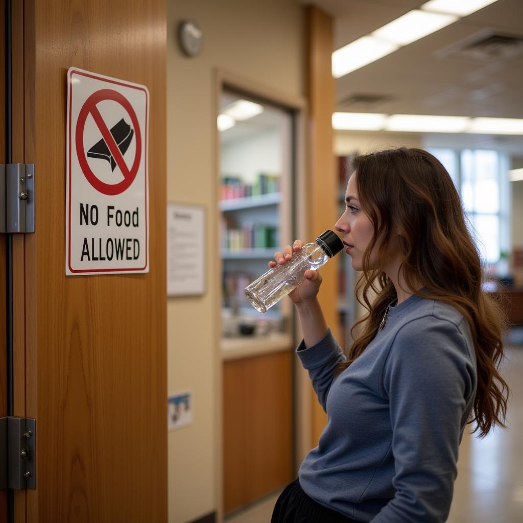 Woman Drinking Water Near No Food Sign