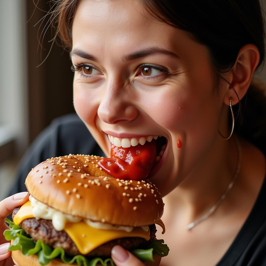 A woman enjoys a messy burger, emphasizing the carefree enjoyment of food.