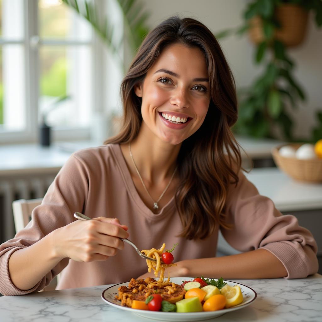 A woman enjoys a healthy and satisfying meal.