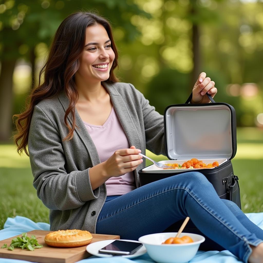 Woman Enjoying a Hot Lunch from Her Food Warmer Lunch Bag Outdoors