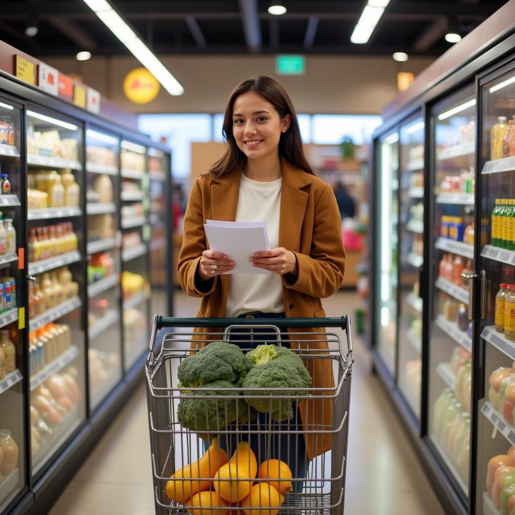 A Woman Shopping at Food Co with a Shopping List