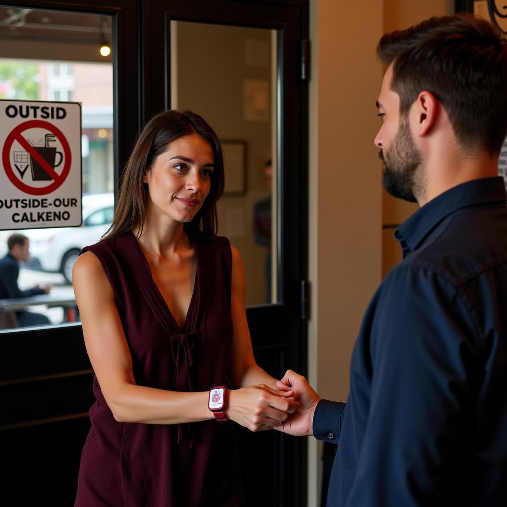 Woman Showing Medical Alert Bracelet at Venue Entrance