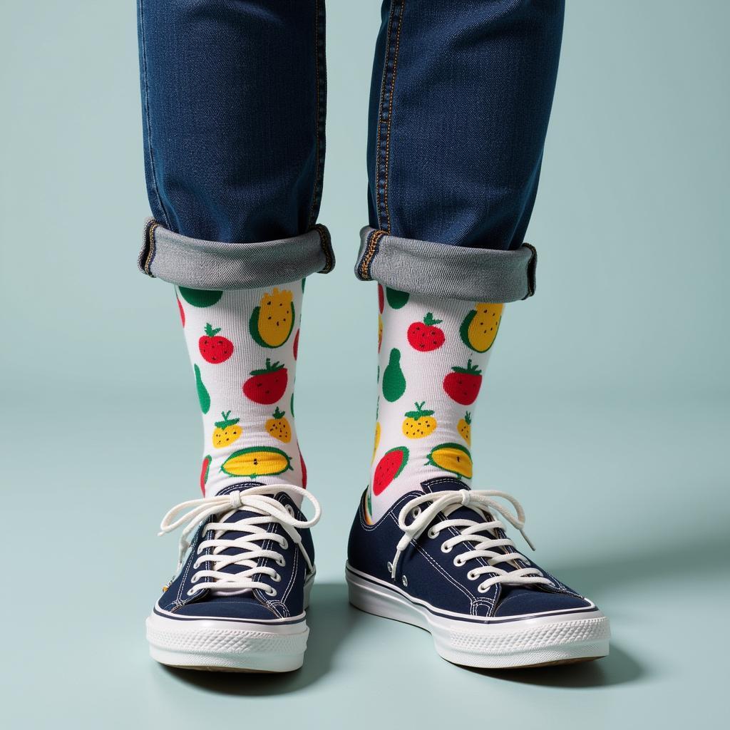 A woman wearing funny food socks with sneakers