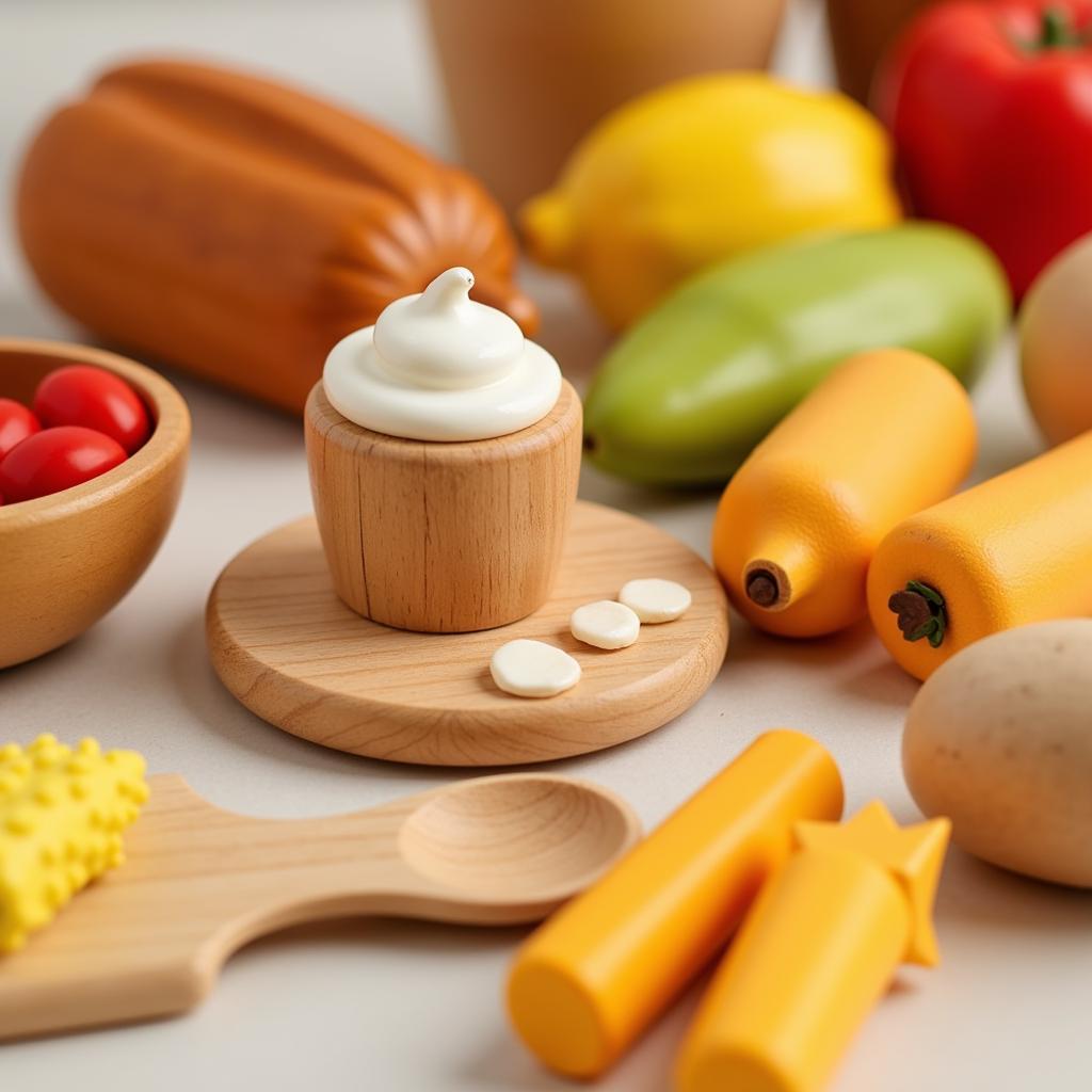 A set of wooden toy food dishes