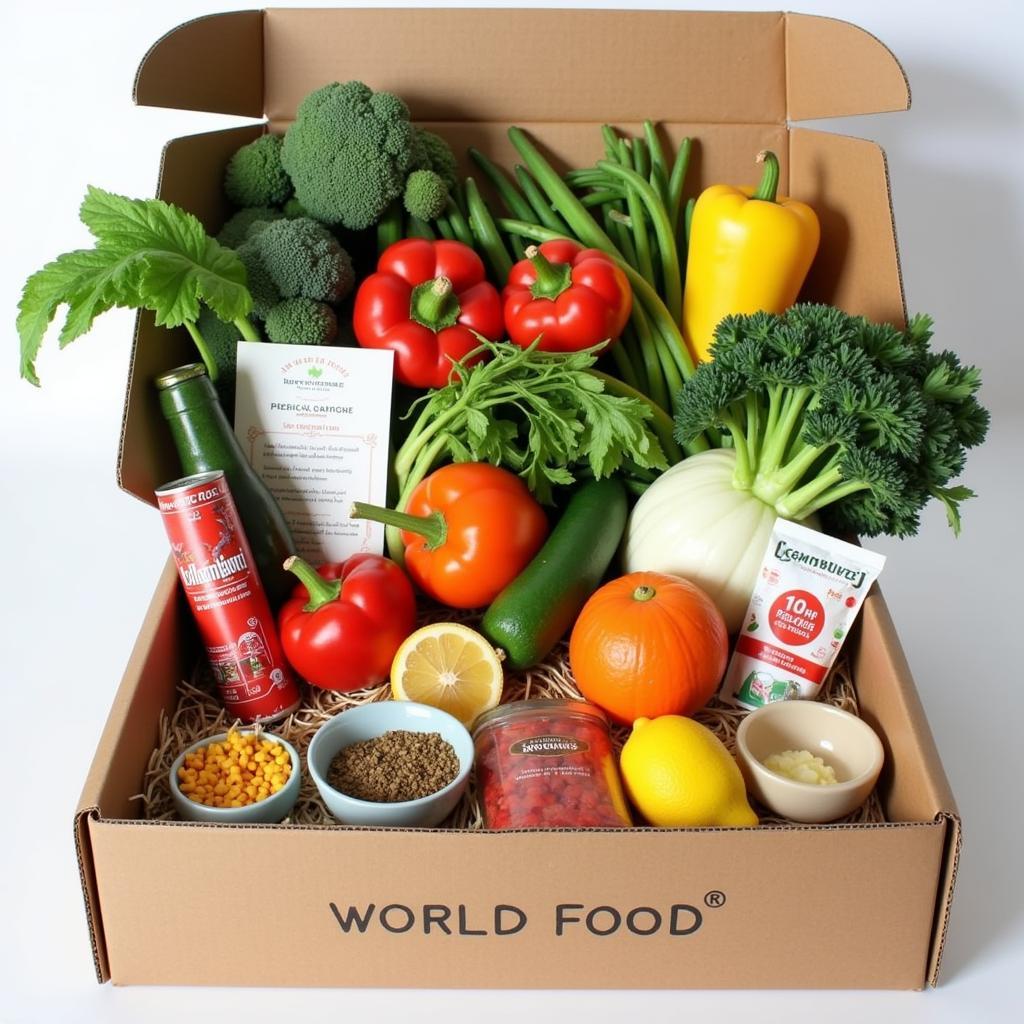 Fresh and exotic ingredients spilling out of a world food subscription box.