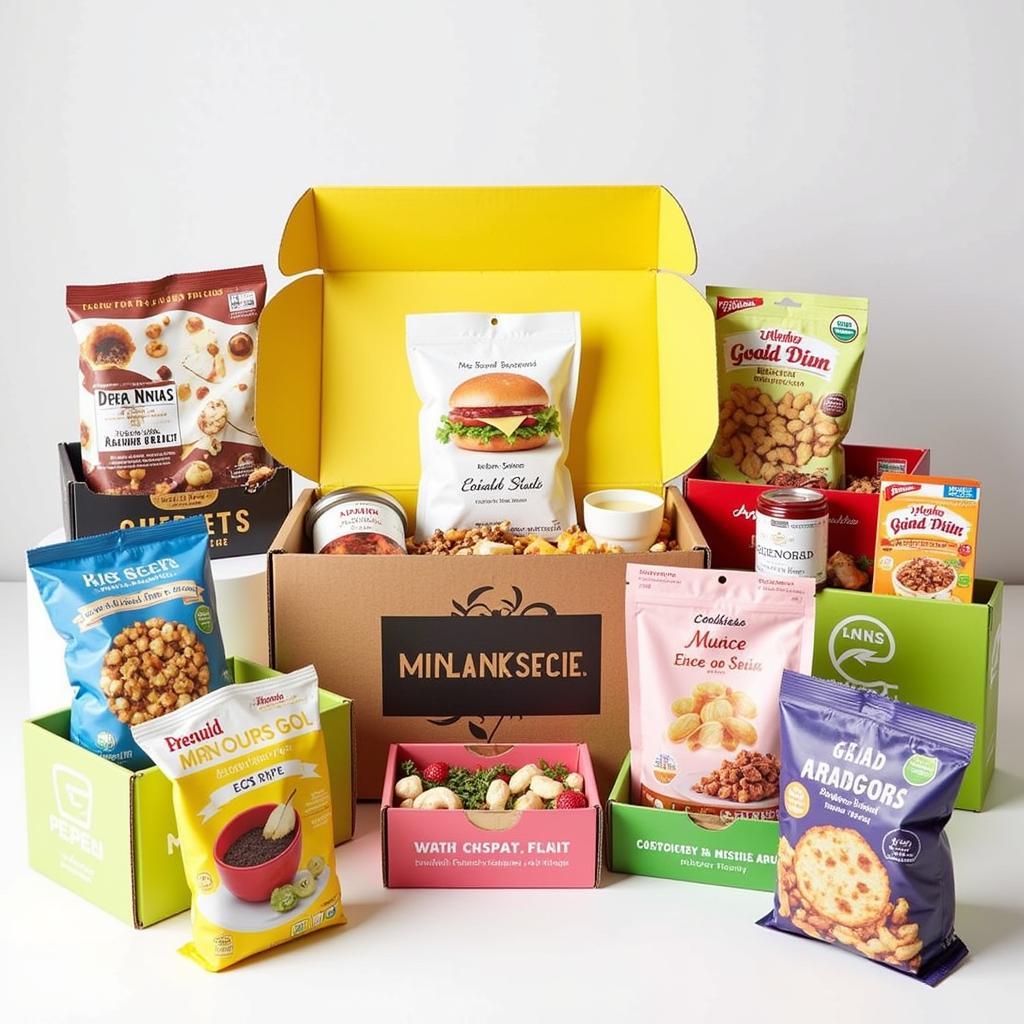 A colorful array of world food subscription boxes, showcasing diverse cuisines and packaging.